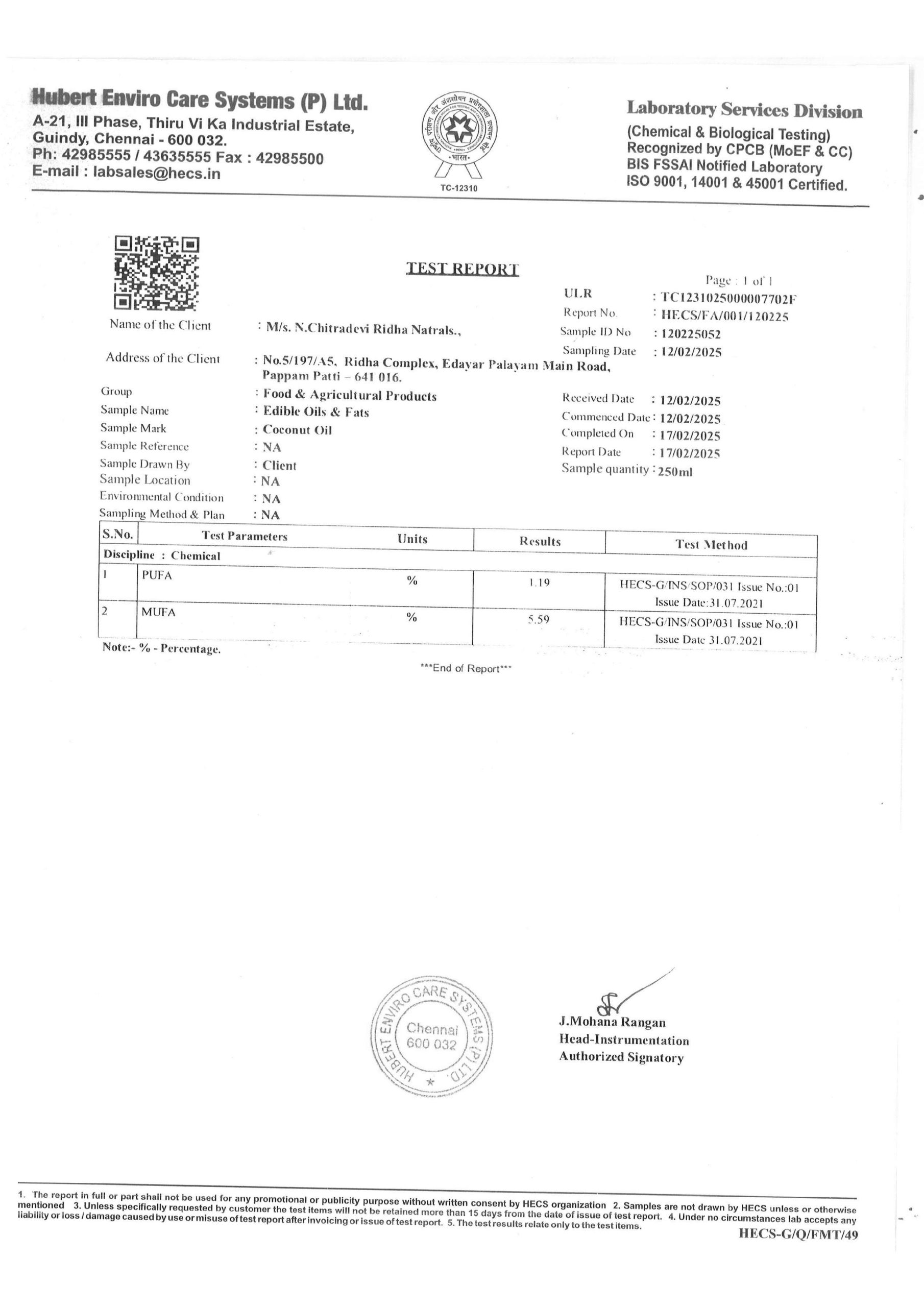Test Report - Coconut Oil